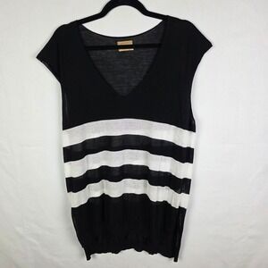 Falconeri Italy Womens Lg Black White Striped Cotton V-Neck Knit‎ Top Sleeveless